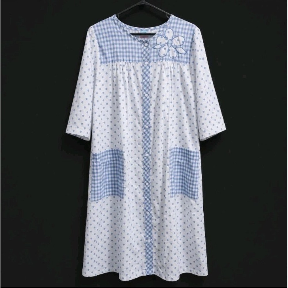 Vintage Kelly Reed House Dress Womens L Blue Gingham Polka Dot Snap Front Duster